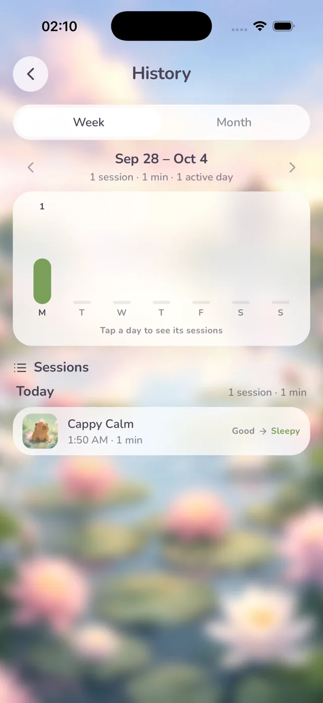 History screen with a weekly bar chart of breathing minutes and a list of past sessions grouped by day.