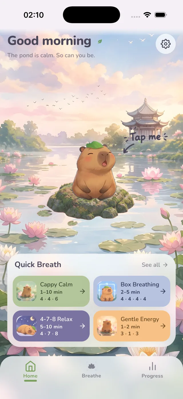 CapyBreath home screen: Cappy the capybara sits on a mossy rock in a pastel lotus pond, greeting the user with “Good morning”, above four Quick Breath shortcuts for Cappy Calm, Box Breathing, 4-7-8 Relax and Gentle Energy.