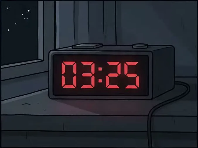 A bedside alarm clock glowing red at 03:25 in a dark bedroom, stars outside the window.