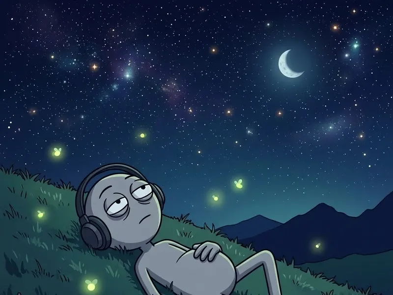The character lying in grass looking at the stars, fireflies and distant mountains.