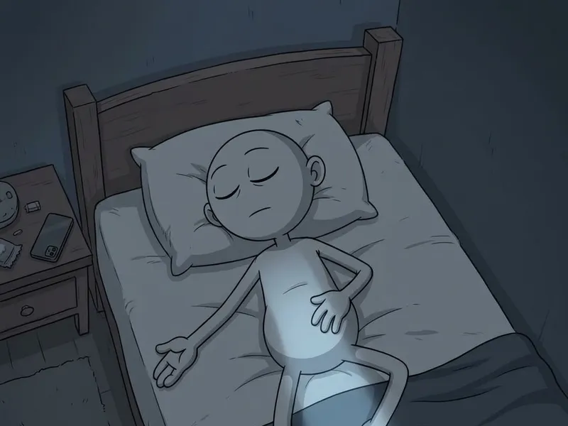 The character lying in bed with a soft band of light moving up from their feet.