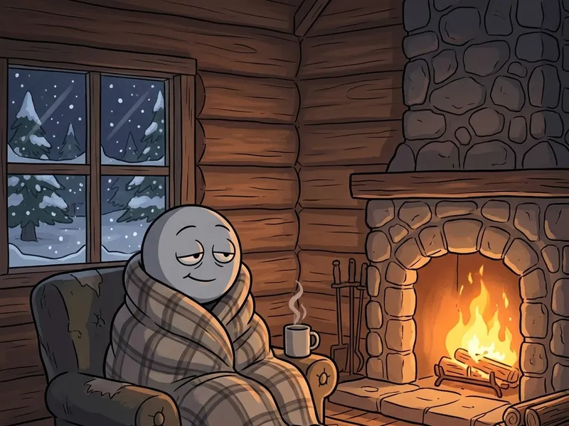 The character wrapped in a blanket beside a fireplace in a snowy cabin.
