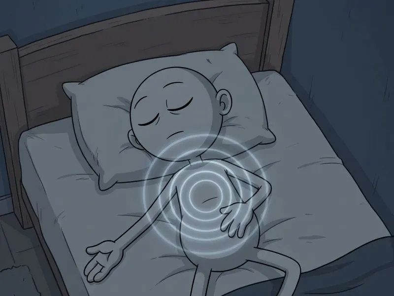 The character lying with eyes closed as rings of breath ripple out across their chest.