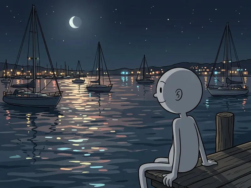 Illustration from the story The Harbour at Dusk: a calm grey character sits on a wooden pier at night, watching sailboats and town lights reflected in the water under a crescent moon.