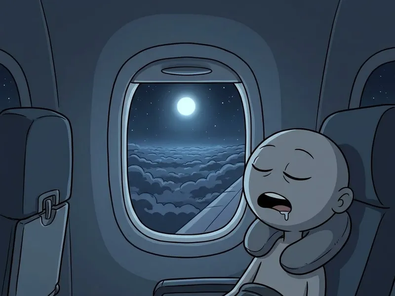 The character asleep by an airplane window above a sea of clouds and the moon.