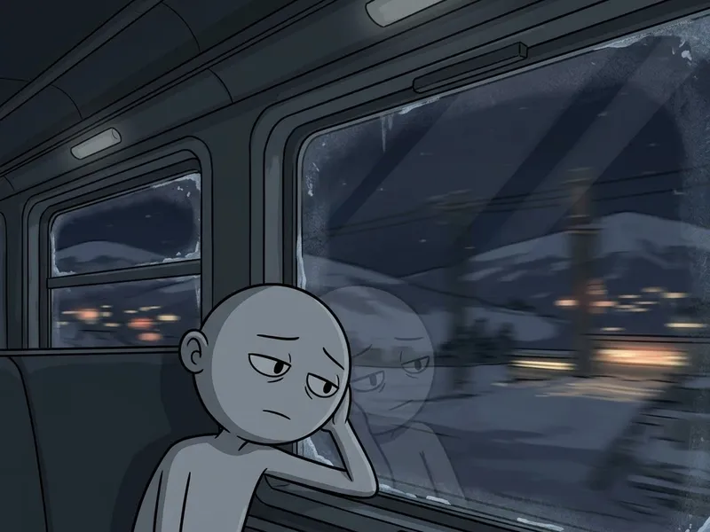 The character resting against a train window, snowy hills and blurred lights outside.