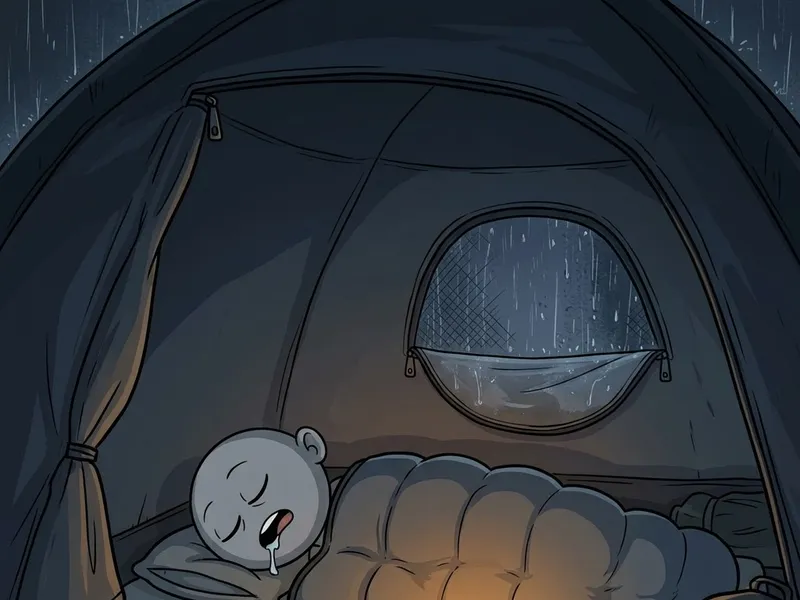 The character in a sleeping bag inside a tent while rain falls outside.