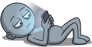 The character lying down, face lit by a phone screen.